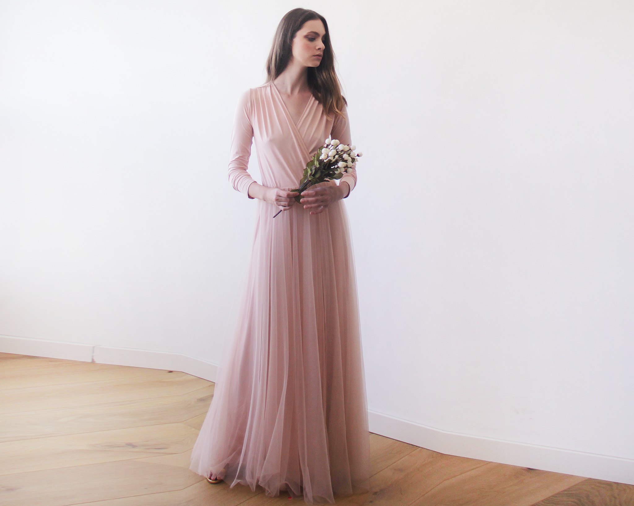 Pink blush maxi tulle dress with long sleeves - BlogDresses