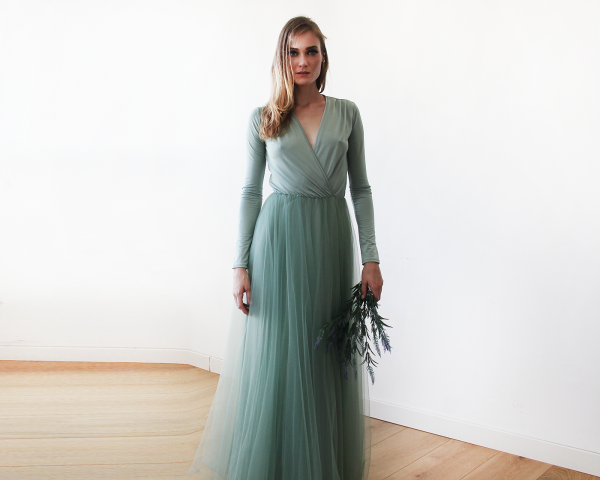 Sage green maxi tulle dress with long sleeves - BlogDresses