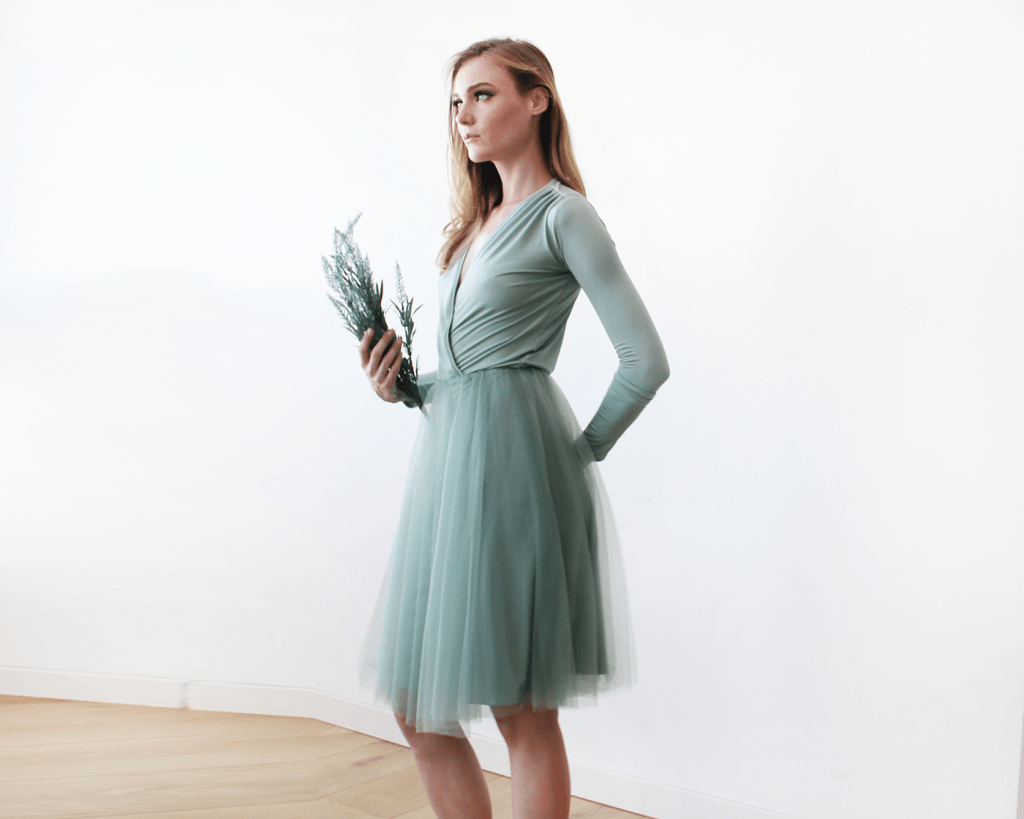 Sage green midi tulle dress with long sleeves - BlogDresses